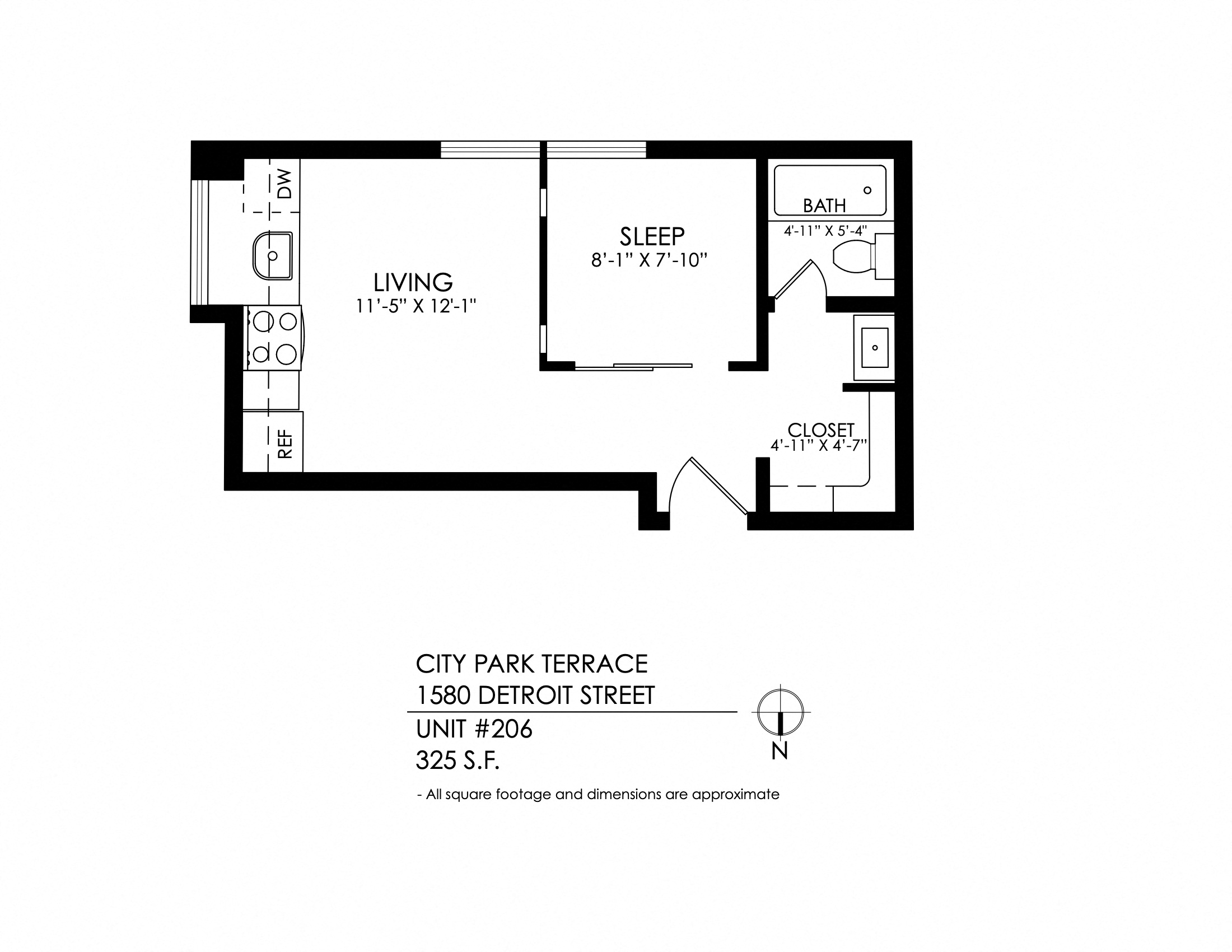 Floor plan for 1 bed, 1 bath, 560 sqft